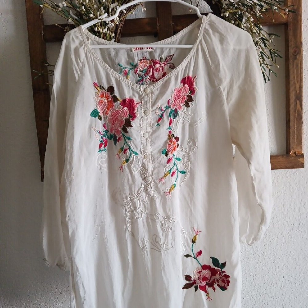 Johny Was Embroidery Blouse White Long Sleeve Size Small